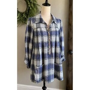 Free People Plaid Tunic Top Boho Lagenlook Oversized Pocket Size 2